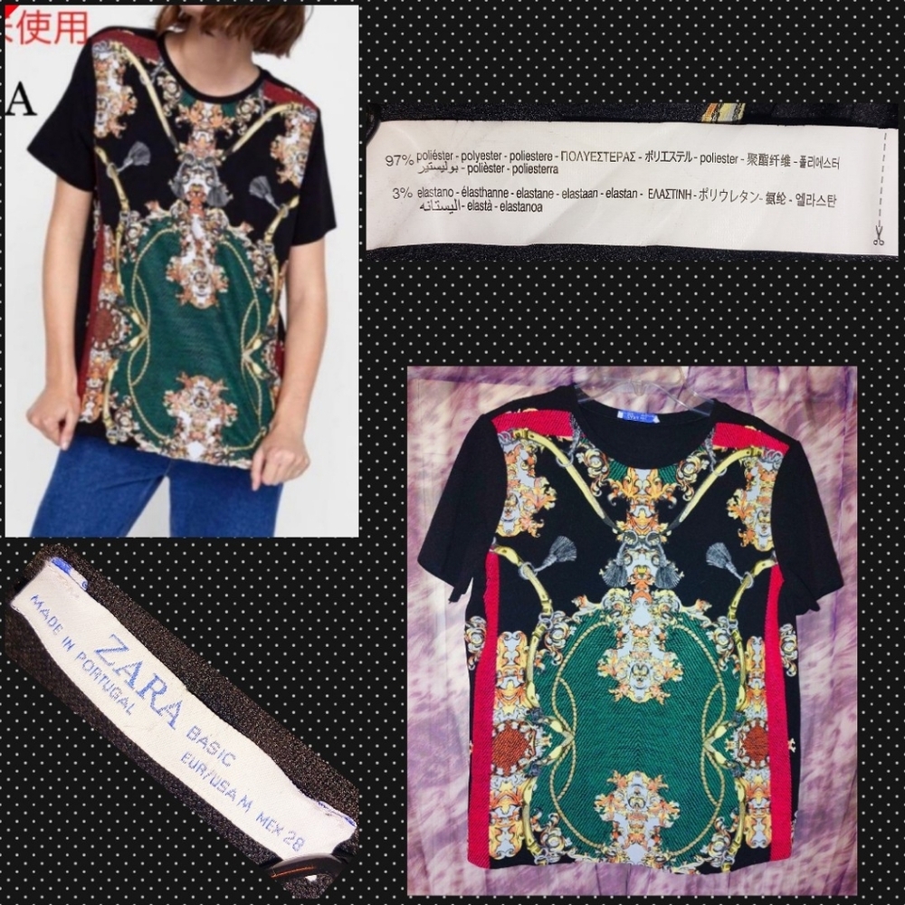 Zara Basic brand Black/Multicolor Baroque Tapestry Print Soft Knit Top Sz Medium